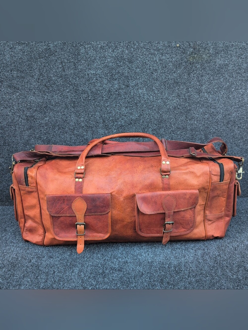 Vtg Leather Duffle Weekend Bag Canvas Lined Oversized Travel Overnight Luggage